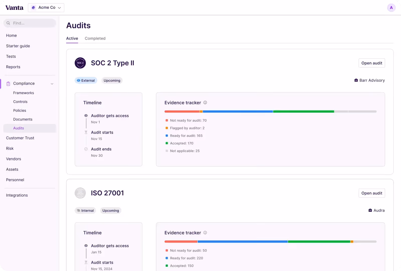 Vanta audits dashboard showing active SOC 2 Type II and ISO 27001 audits with evidence tracker breakdowns, audit timelines, and readiness status across accepted, flagged, and not-ready categories
