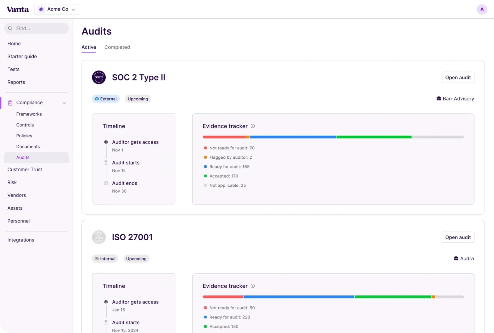 Vanta audits dashboard showing active SOC 2 Type II and ISO 27001 audits with evidence tracker breakdowns, audit timelines, and readiness status across accepted, flagged, and not-ready categories