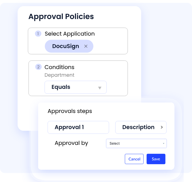 CloudEagle Approval Policies setup showing a DocuSign access request workflow with department-based conditions and a multi-step approval configuration