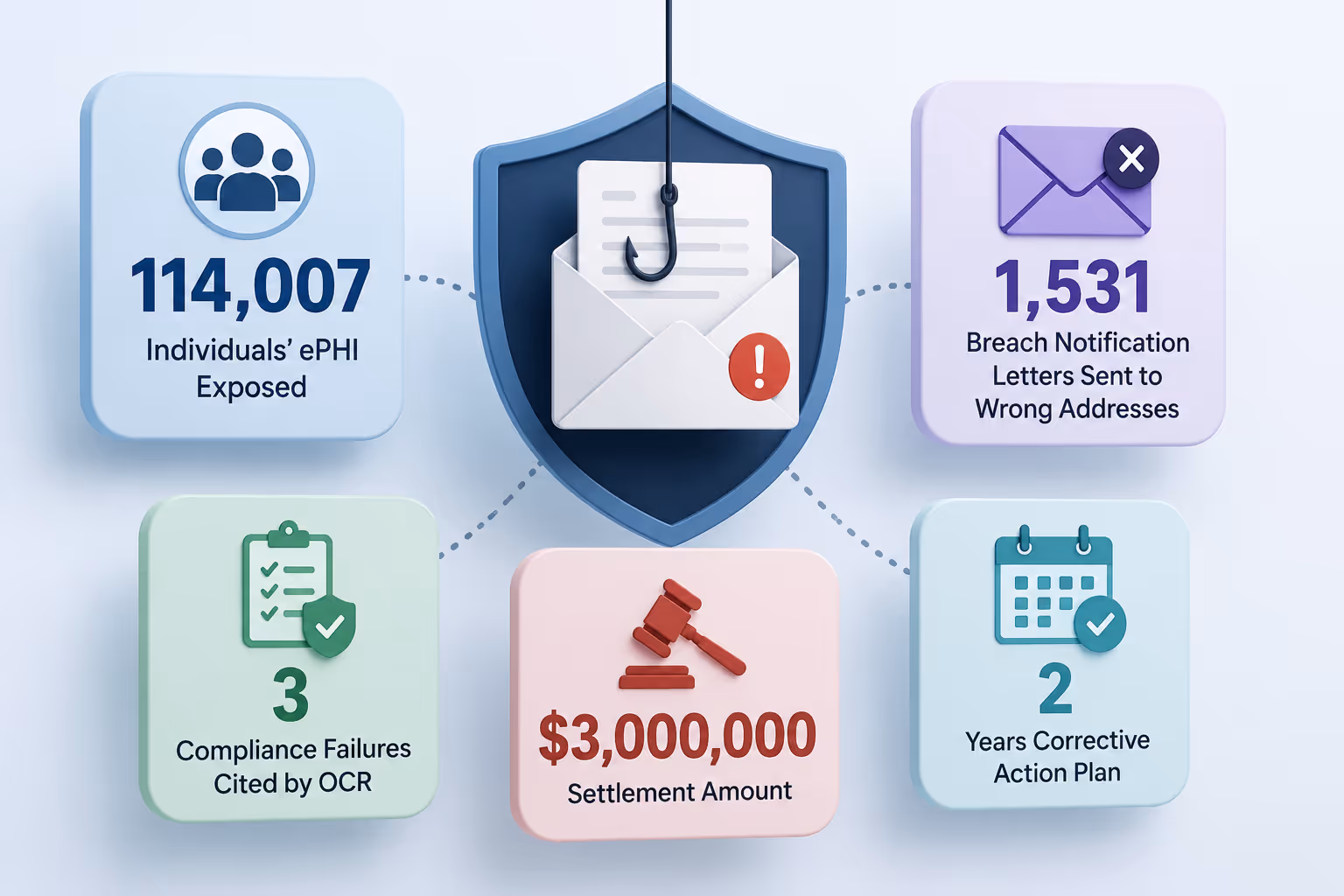 Solara Medical Supplies HIPAA phishing breach infographic showing 114,007 ePHI records exposed, 1,531 breach letters sent to wrong addresses, $3 million settlement, and two-year corrective action plan