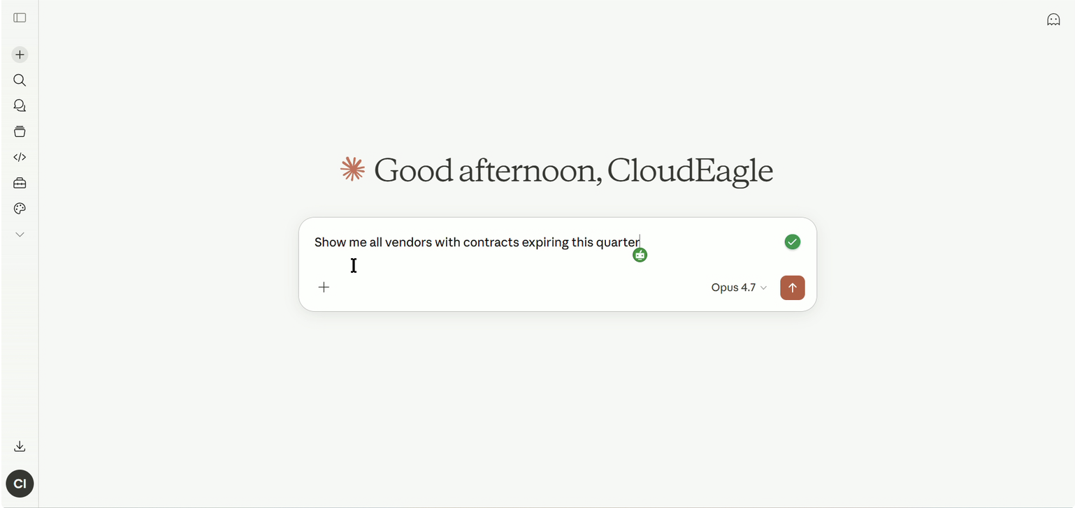 CloudEagle MCP interface showing a natural language query asking for vendors with contracts expiring this quarter, powered by AI-driven SaaS contract intelligence and vendor management.