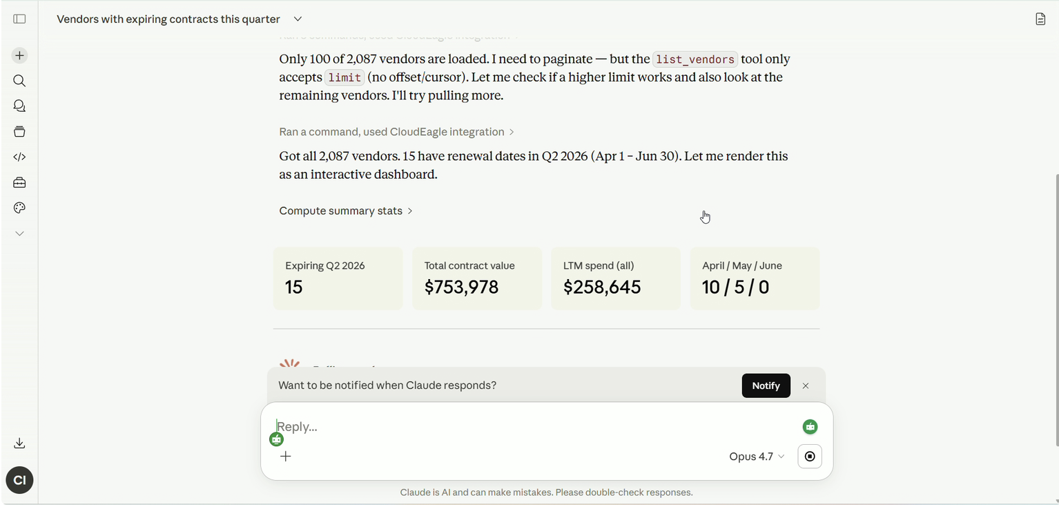 AI-generated SaaS renewal dashboard summarizing vendors with expiring contracts, including contract value, quarterly renewal counts, and spend analytics across enterprise SaaS vendors.