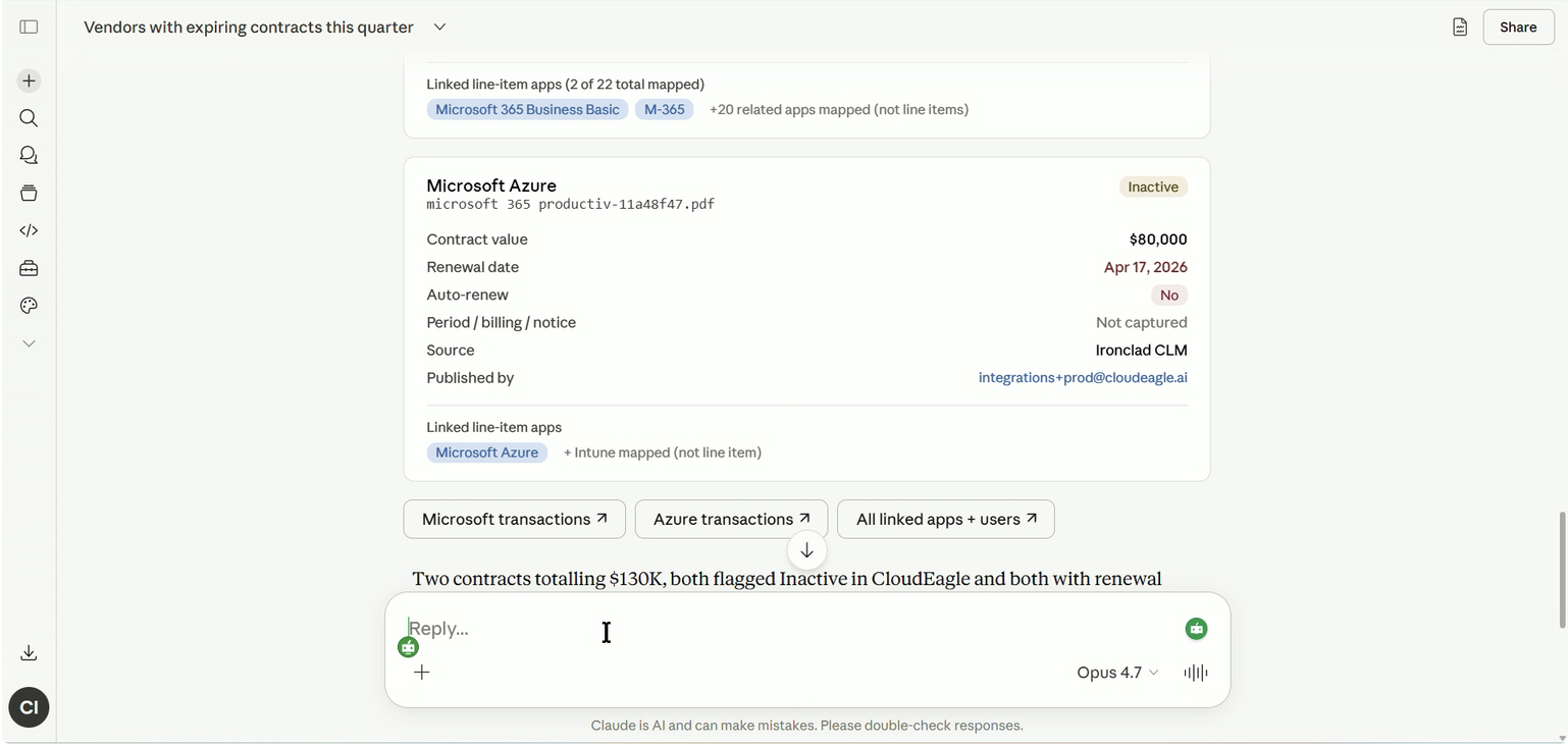 Vendor contract intelligence view displaying Microsoft Azure renewal details, contract value, auto-renew status, linked SaaS applications, and inactive contract insights inside CloudEagle.