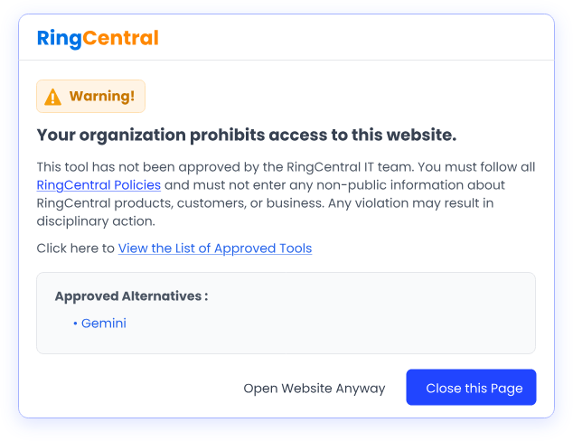 Enterprise compliance warning screen blocking access to an unapproved AI website and recommending approved alternatives under company policy controls.