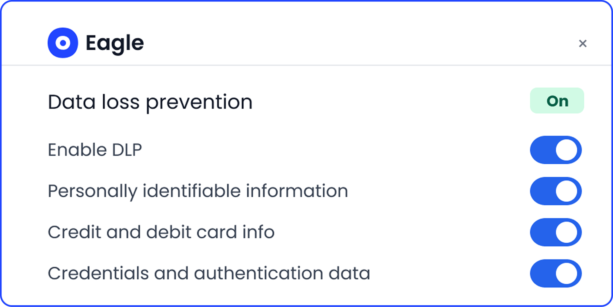 Data loss prevention settings panel showing enterprise controls for personally identifiable information, payment card data, and authentication credentials across AI tools.