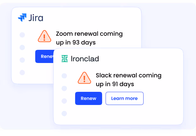 CloudEagle renewal orchestration interface showing auto-created tickets synced with Jira, Coupa, Ironclad, and ServiceNow