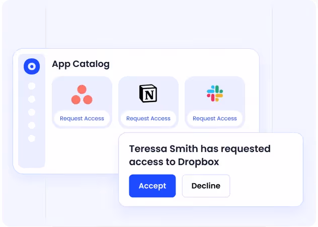 CloudEagle self-service app catalog showing IT-approved applications organized by role and department for employee self-serve access requests