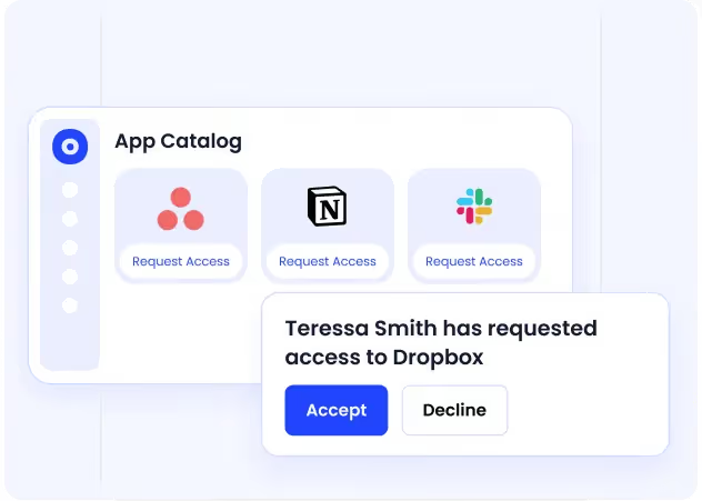 Employee self-service app catalog displaying approved business applications and automated access request workflows with manager review and approval capabilities.