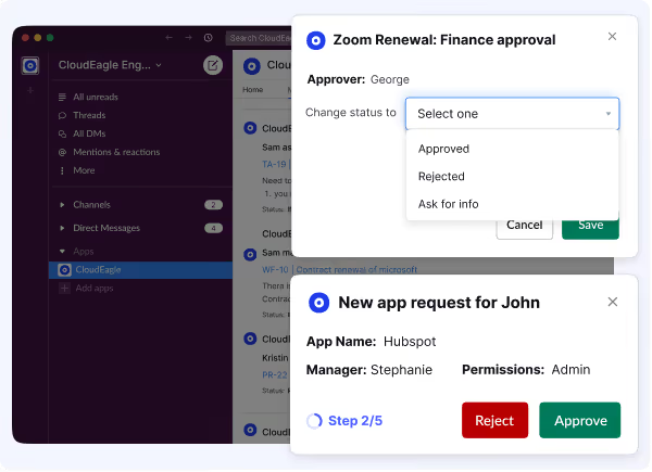 Workflow automation interface embedded in Slack for application requests, contract renewals, and approval management with configurable approval statuses and automated decision routing.