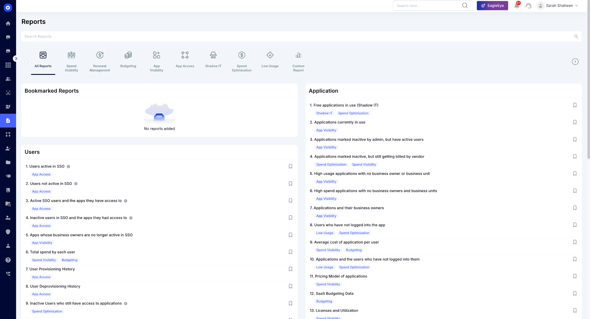 Centralized reporting dashboard providing prebuilt SaaS management reports across spend visibility, renewals, budgeting, application usage, shadow IT detection, access governance, spend optimization, and license utilization.