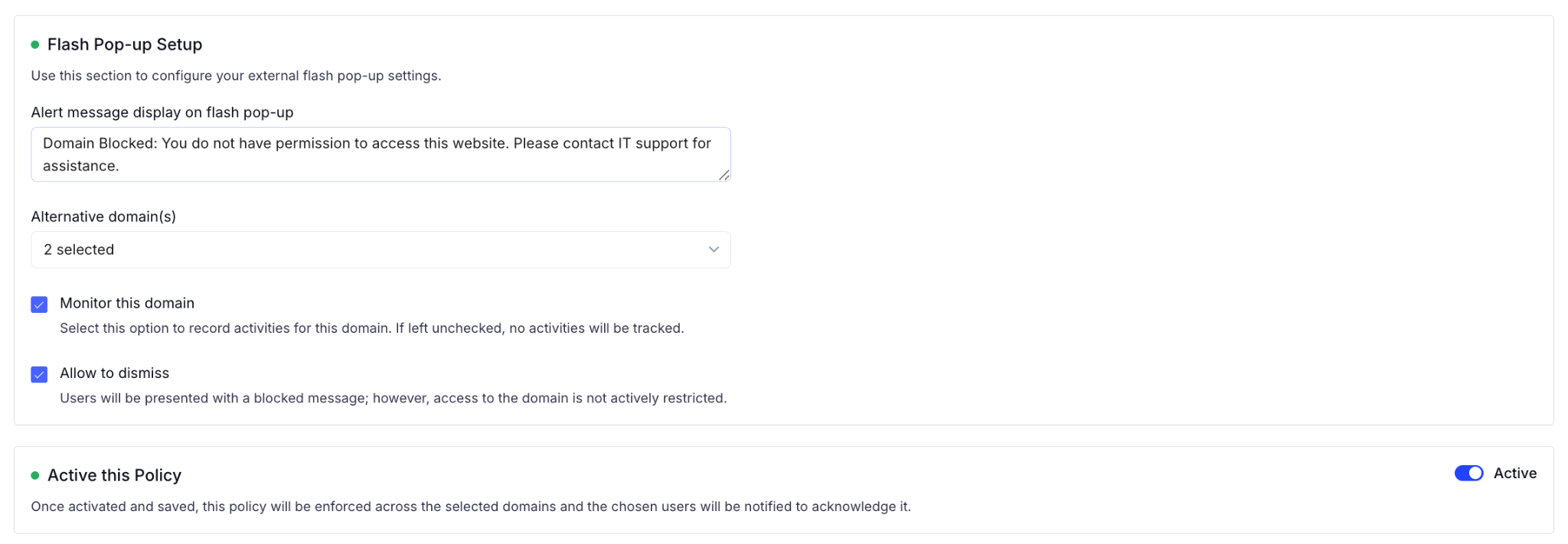 AI governance policy configuration screen showing customizable browser warning messages, approved alternative domains, activity monitoring controls, user dismissal settings, and policy activation options for managing access to restricted websites.