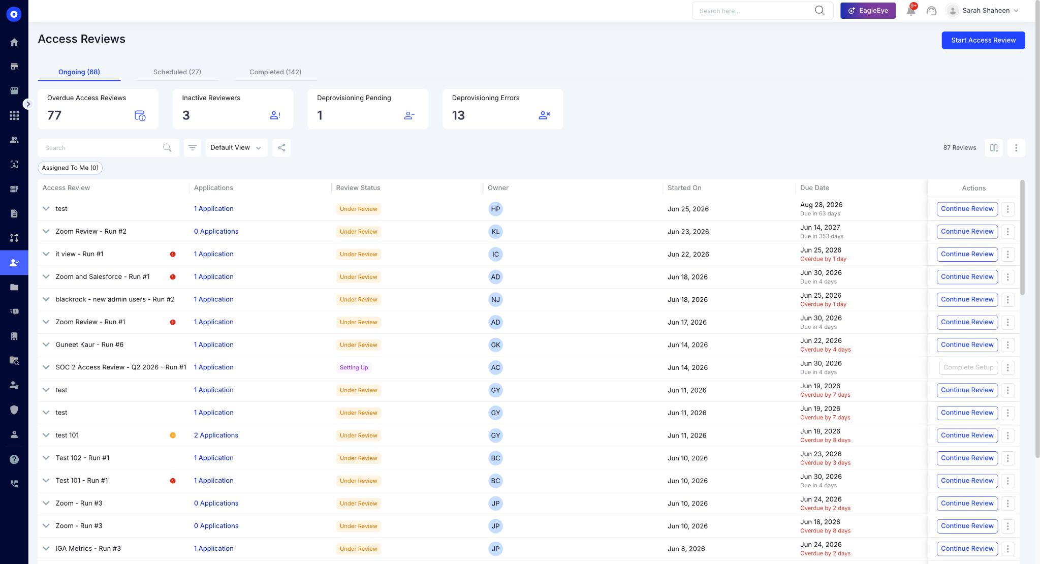 Access Reviews dashboard showing ongoing review campaigns, overdue certifications, deprovisioning issues, review owners, due dates, and application-level review progress to simplify user access governance and compliance.