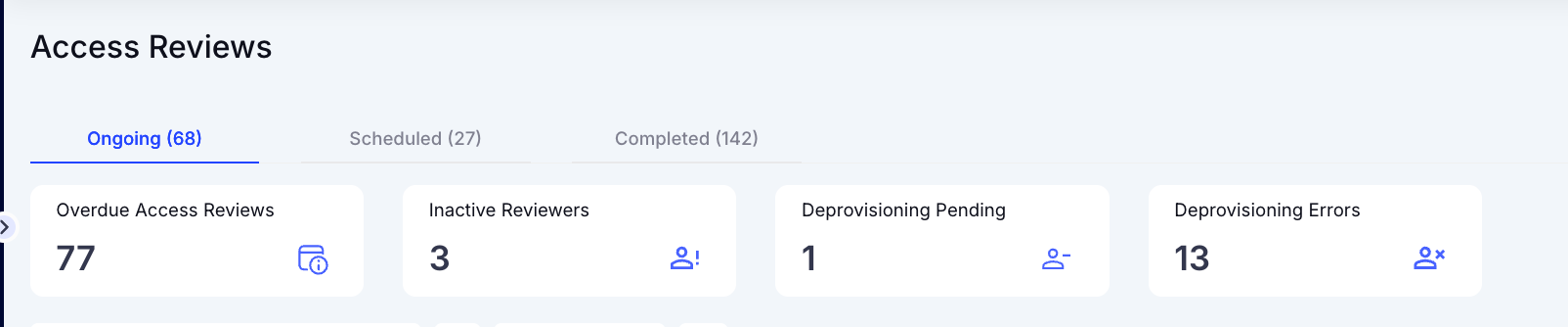 Access Reviews dashboard summarizing overdue access reviews, inactive reviewers, pending deprovisioning tasks, and deprovisioning errors to help administrators prioritize governance actions.