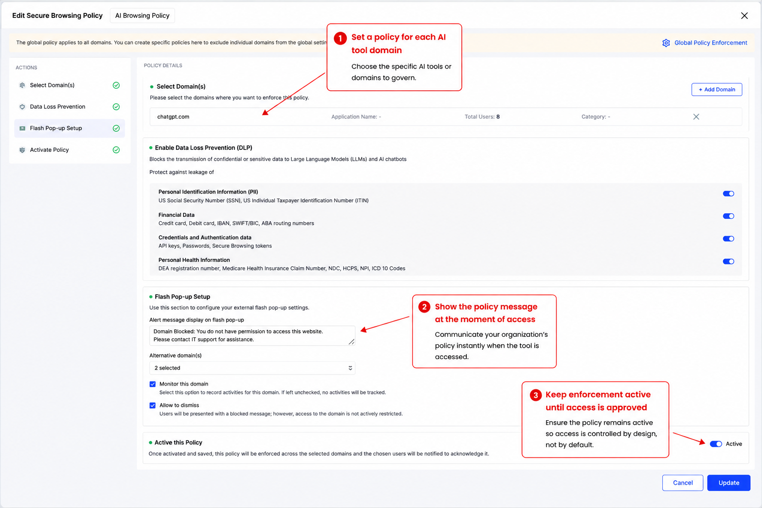 CloudEagle.ai AI browsing policy configuration screen for enforcing secure AI usage with domain-specific policies, data loss prevention (DLP), access notifications, and policy activation.