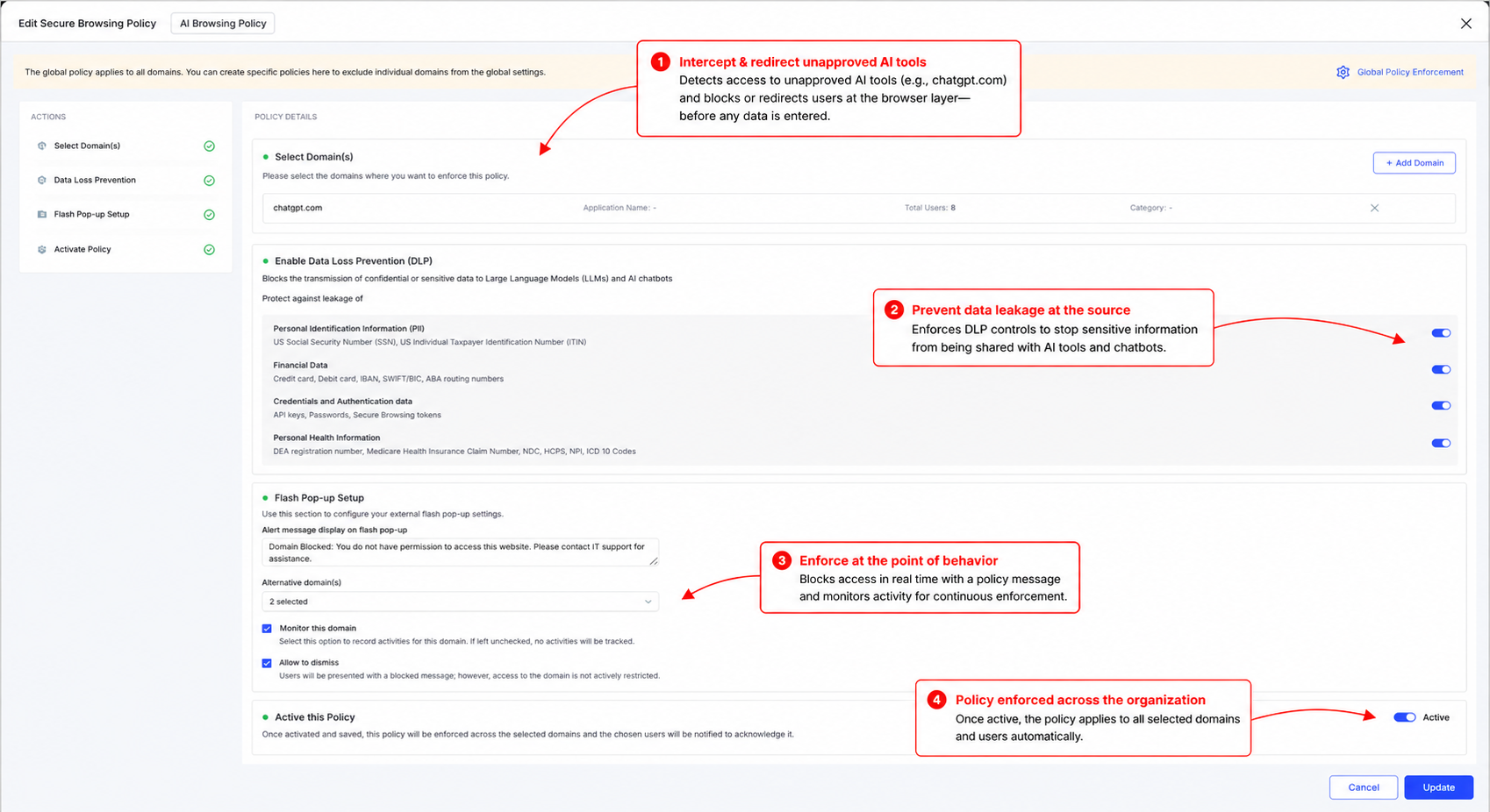 CloudEagle.ai secure browsing policy demonstrating browser-based AI governance with AI tool blocking, data loss prevention controls, policy enforcement, and real-time access protection.