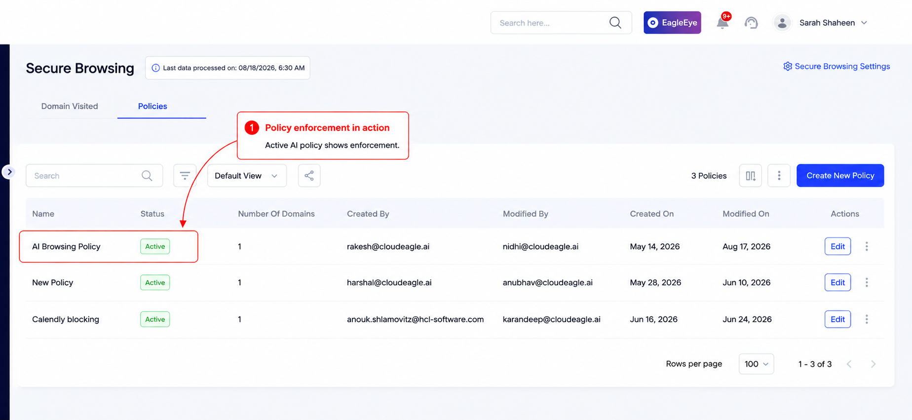 CloudEagle Secure Browsing policies dashboard showing an active AI browsing policy and other active policies, demonstrating that AI access policies are actively enforced.
