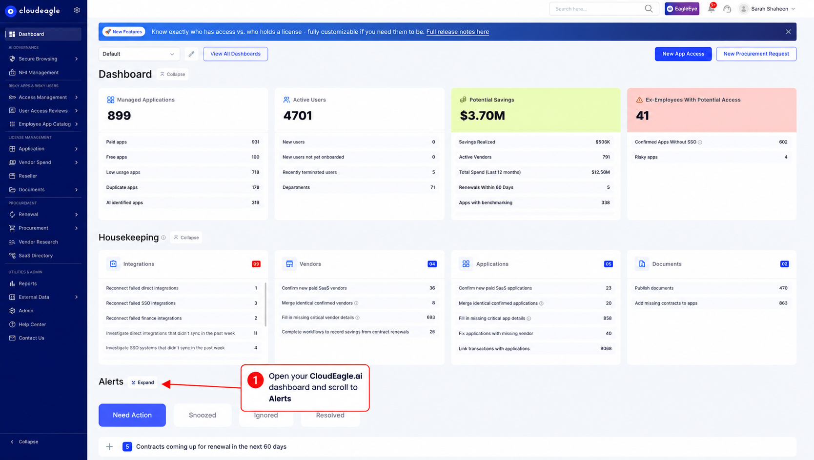 CloudEagle dashboard showing alerts for SaaS management, including upcoming contract renewals, low-usage applications, risky apps, AI applications, vendors over budget, and credit card purchases.