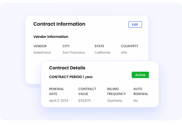 CloudEagle AI metadata extraction view showing renewal dates, notice terms, SKUs, and license counts pulled from vendor contracts