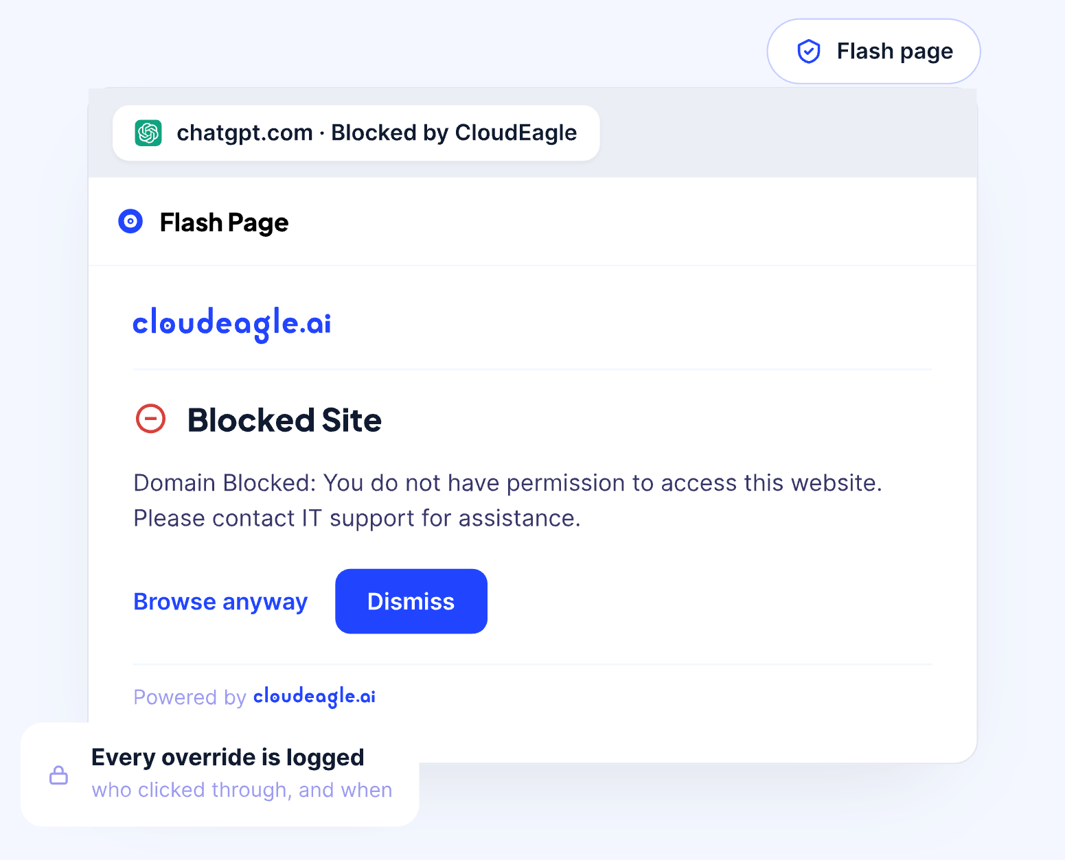 Image of CloudEagle's Secure browser dashboard redirecting users to approved alternative