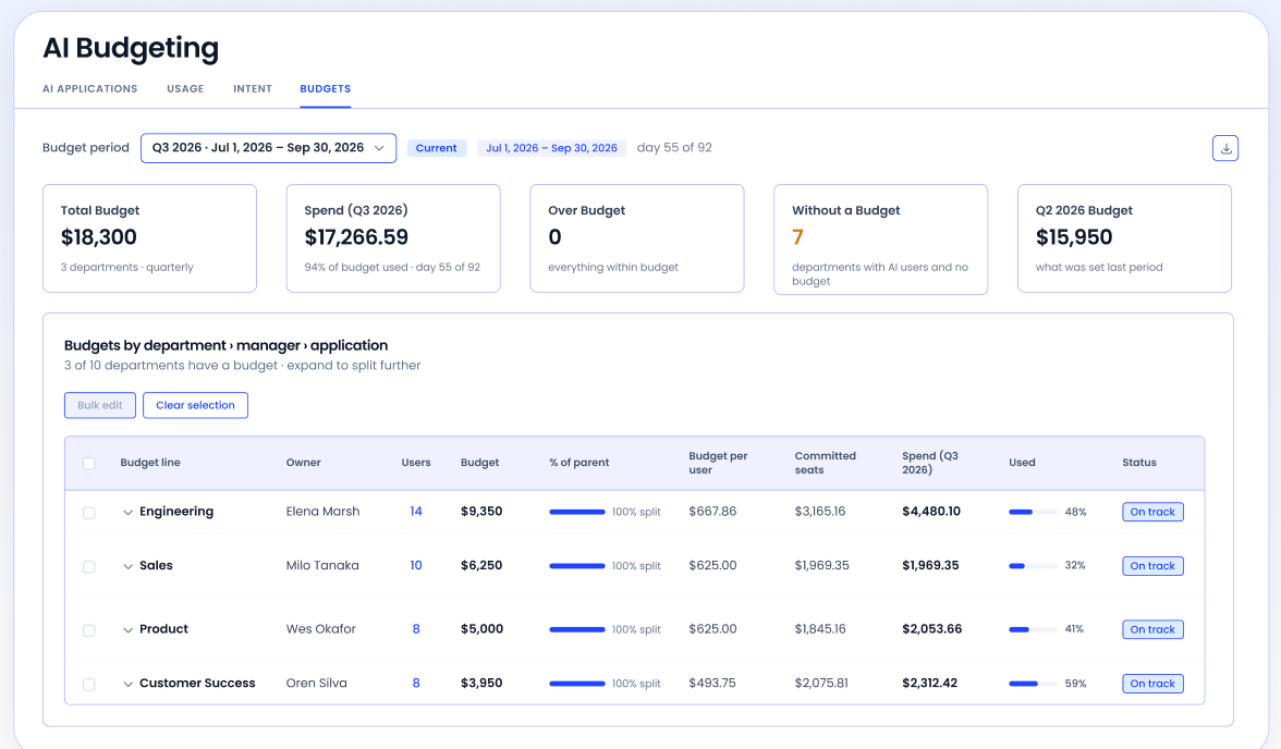 Interface displaying quarterly AI budgets, total spend, budget utilization, departments without assigned budgets, and department-level spending against allocated budgets.