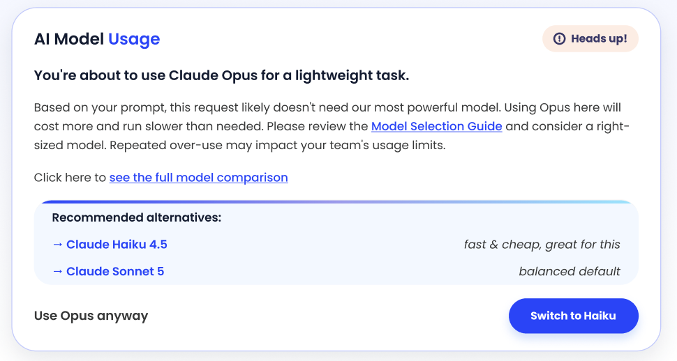 CloudEagle.ai interface warning users when they select an expensive AI model for a lightweight task, recommending more cost-effective alternatives such as Claude Haiku and Claude Sonnet.