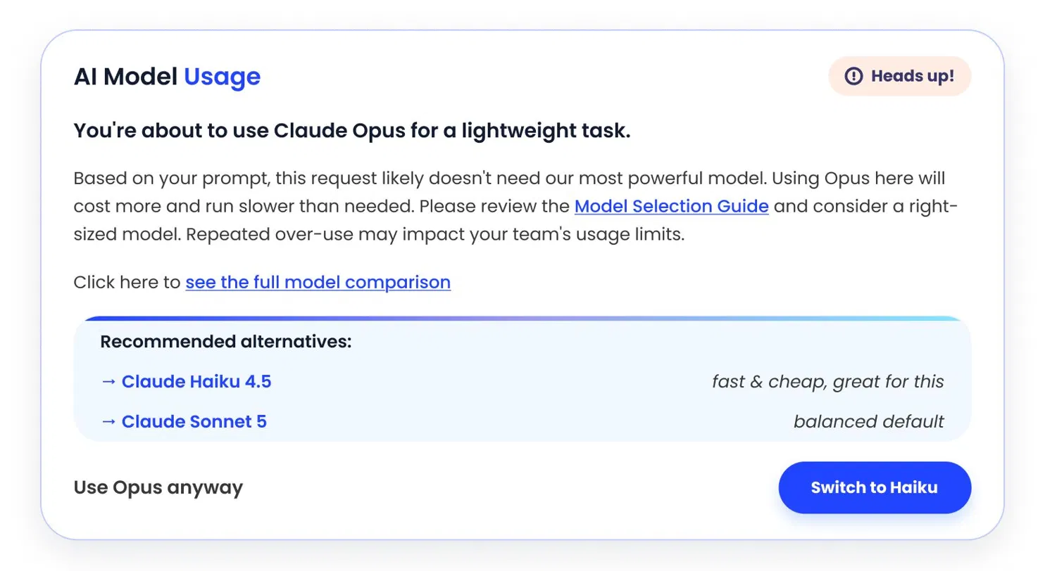 CloudEagle.ai warning recommending more cost-effective AI models for lightweight tasks, with Claude Haiku and Claude Sonnet suggested as alternatives to Claude Opus.