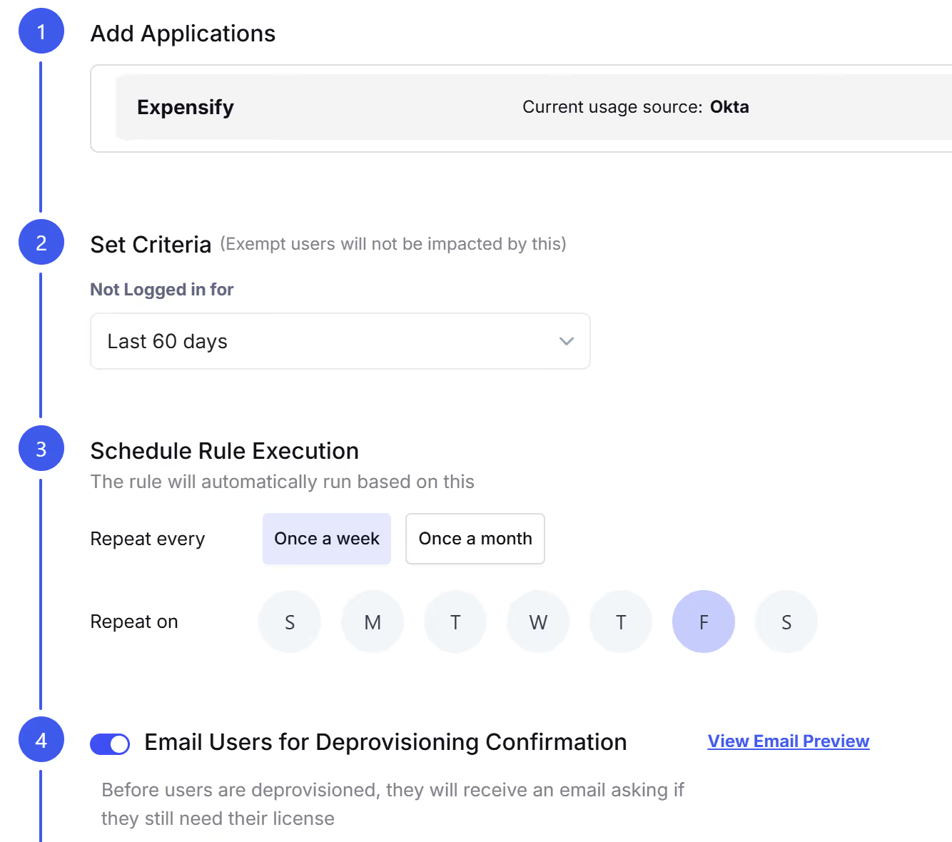 CloudEagle.ai license harvesting workflow for Expensify, showing inactivity criteria of 60 days, scheduled weekly or monthly rule execution, selected execution days, and email confirmation before user deprovisioning.