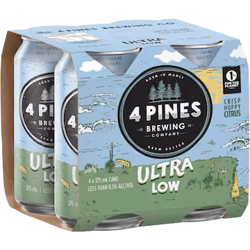 a four pake of 4 pines ultra low beer with a 1% for the planet logo