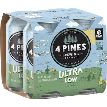 a four pake of 4 pines ultra low beer with a 1% for the planet logo