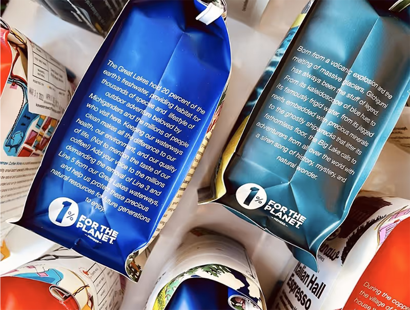 coffee bags showing the 1% for the Planet logo