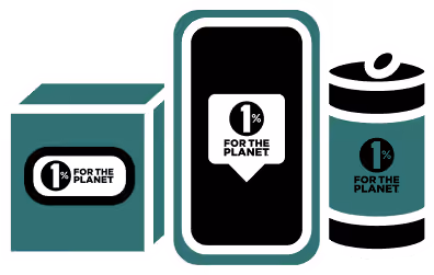 Three products with 1% For The Planet logos: a box, a rectangular package, and a cylindrical container.