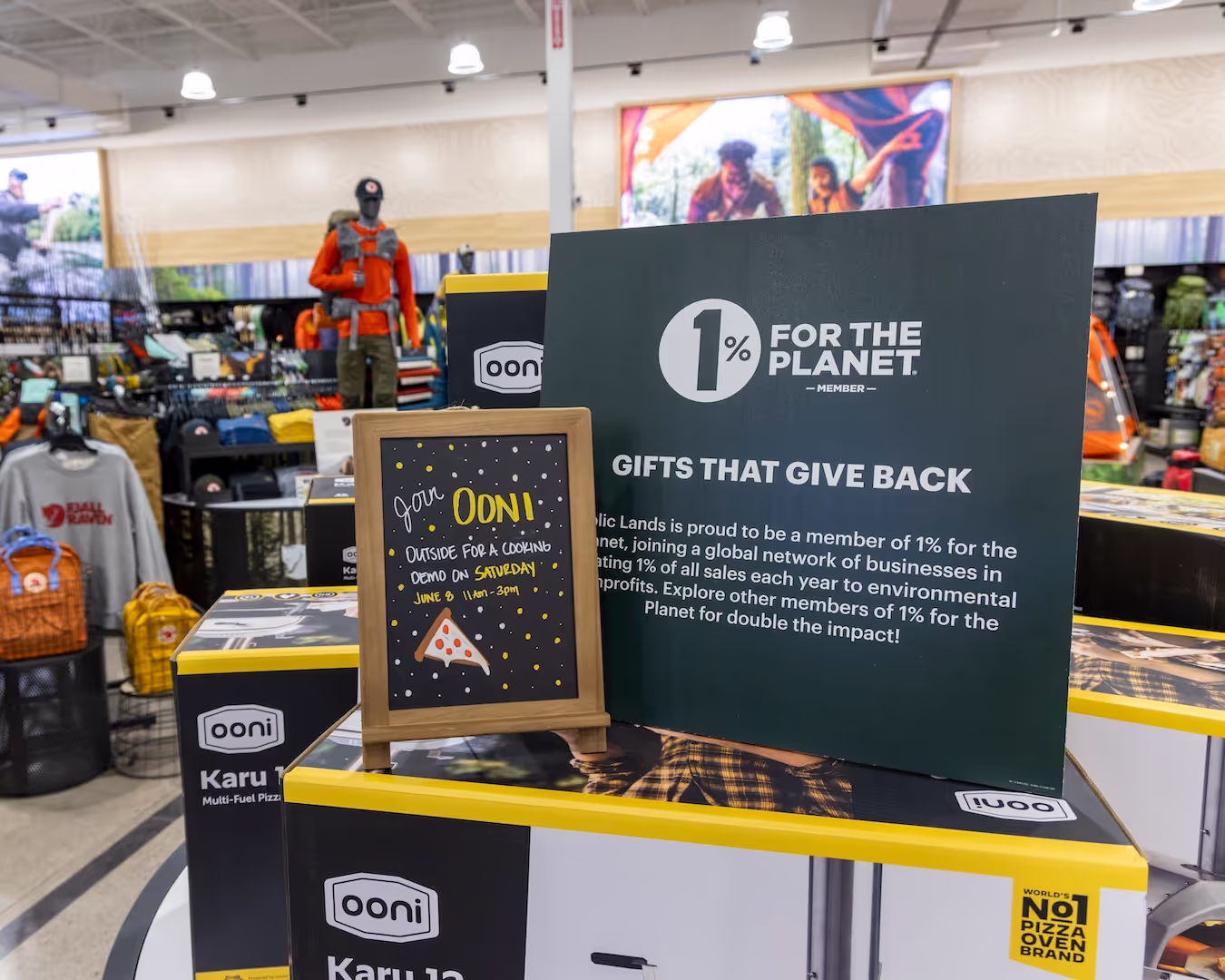 the 1% for the Planet logo on an OONI retail display