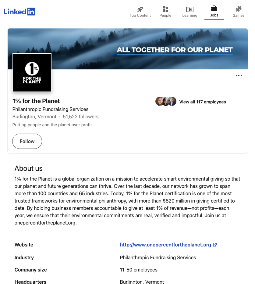 LinkedIn profile of 1% for the Planet, showing a banner with forest mist and text 'All Together For Our Planet,' organization details, and follower count.