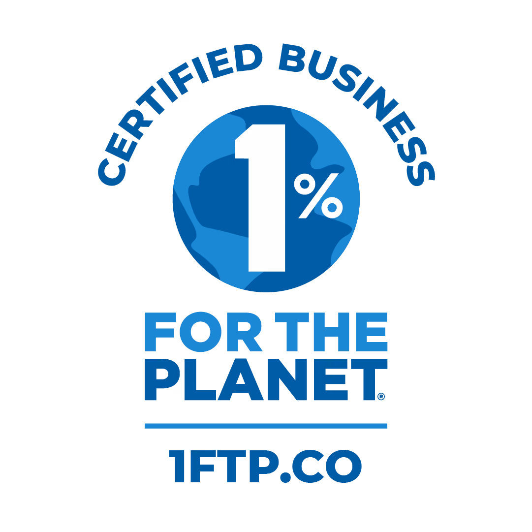 Certified business logo with a globe and large 1% symbol, text says For The Planet and 1FTP.co