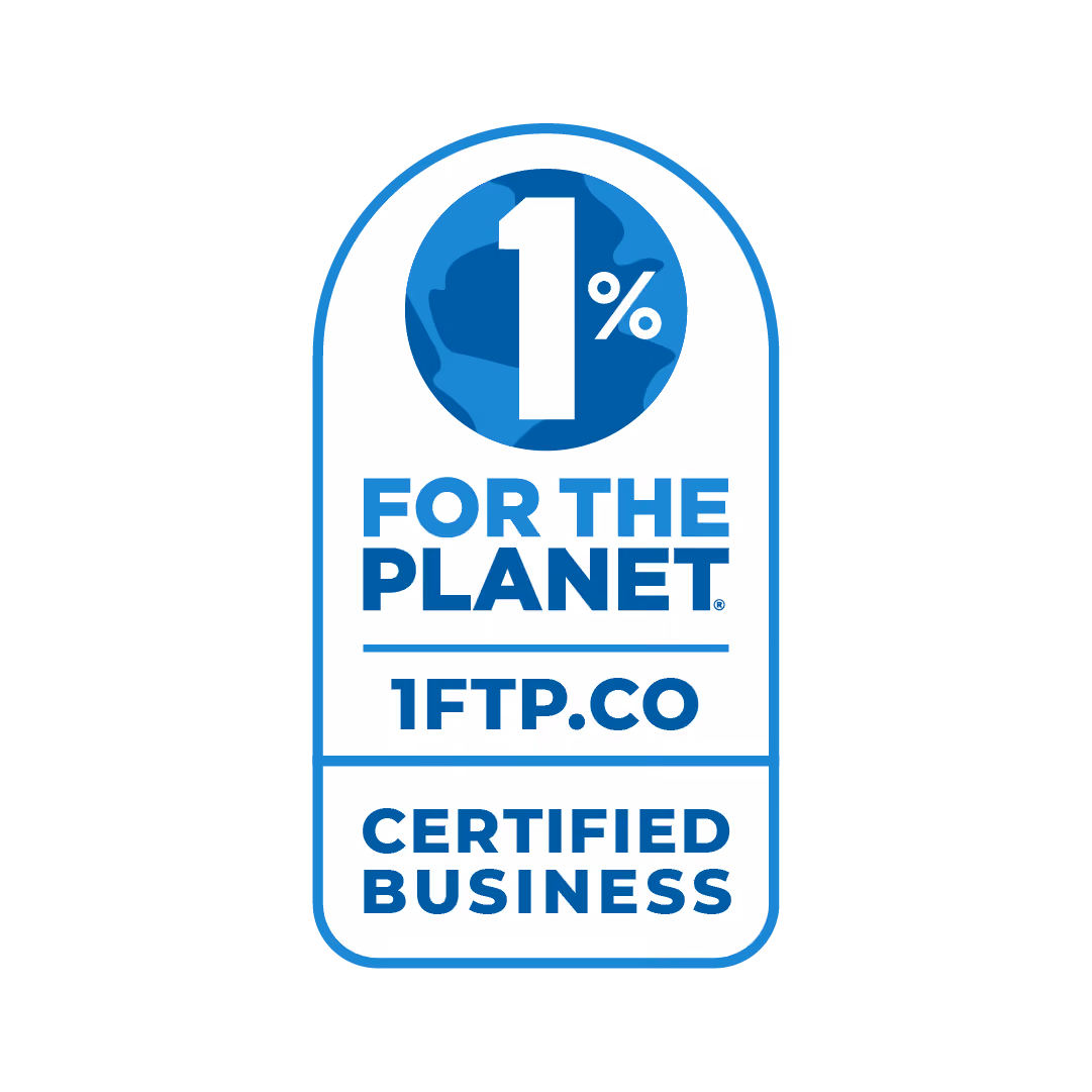 1% For The Planet certified business logo with globe and website 1ftp.co in blue and white.