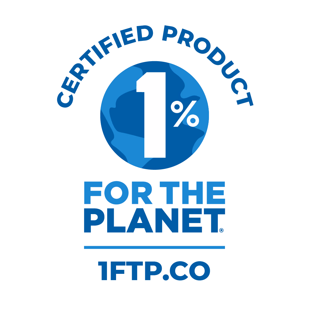 Logo with text Certified Product 1% For The Planet and website 1ftp.co with a blue earth icon.