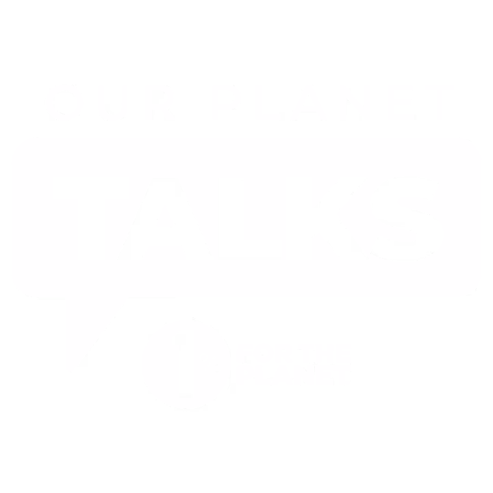 Logo with text: Our Planet Talks and 1% for the Planet inside speech bubble and circle.