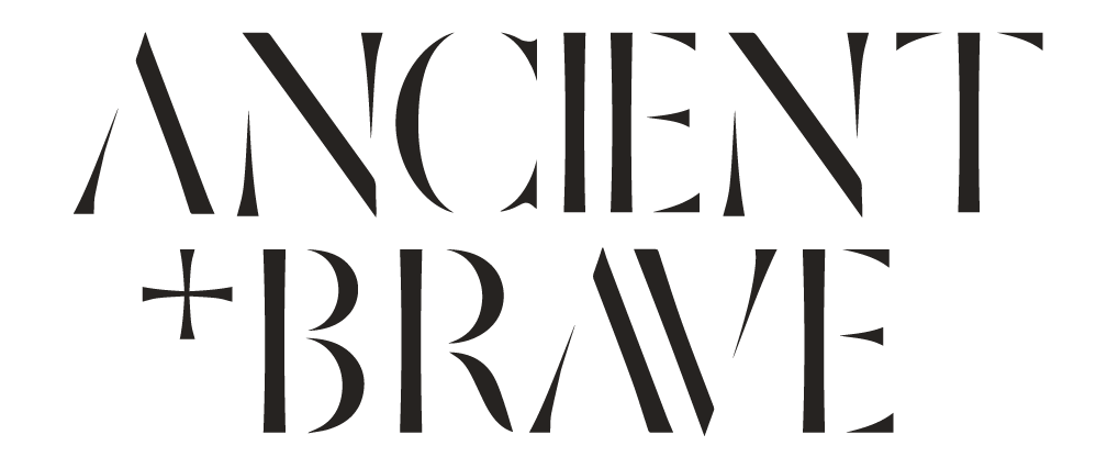 Stylized black text reading Ancient + Brave in uppercase letters on a white background.