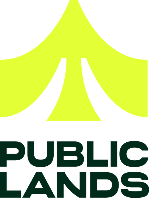 Logo with stylized yellow tent shape above bold black text reading Public Lands.
