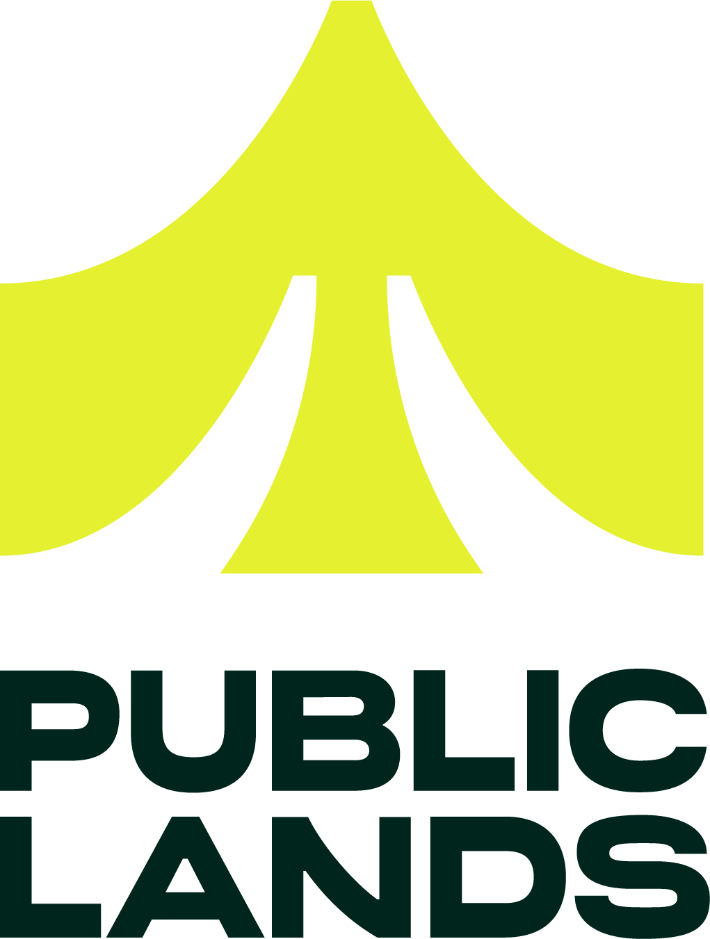 Logo with stylized yellow tent shape above bold black text reading Public Lands.