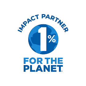 Logo with a blue circle, white text '1%', and the phrases 'Business for the Planet' and 'FOR THE PLANET'.