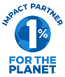 Logo with a blue circle, white text '1%', and the phrases 'Business for the Planet' and 'FOR THE PLANET'.