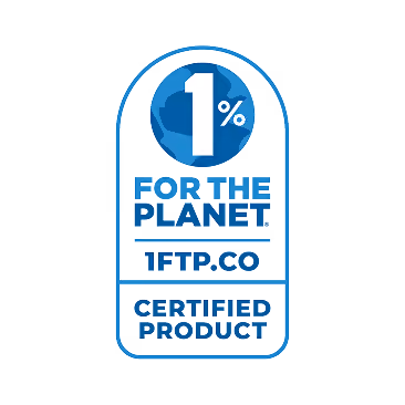 Blue badge with '1% For The Planet 1ftp.co Certified Product' text and a circular logo on top.