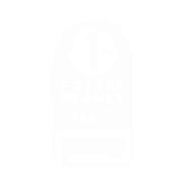 1% For The Planet certified product logo with text and website 1ftp.co in white on black background.