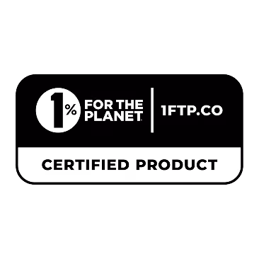 Badge showing 1% for the Planet with text 'Certified Product' on a black background.
