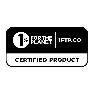 Badge showing 1% for the Planet with text 'Certified Product' on a black background.