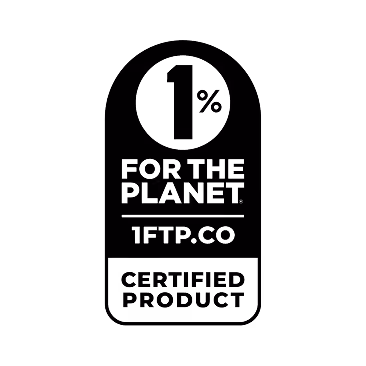 Black and white badge stating '1% For The Planet 1%.co Certified Product' inside rounded rectangle.