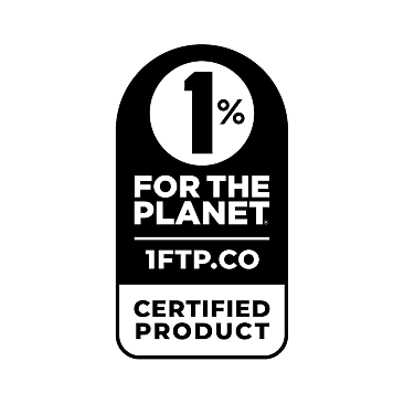 Black and white badge stating '1% For The Planet 1%.co Certified Product' inside rounded rectangle.