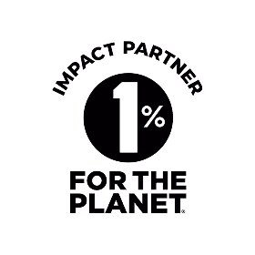 Black circular logo with text 'Impact Partner 1% For The Planet' split inside and outside the circle.