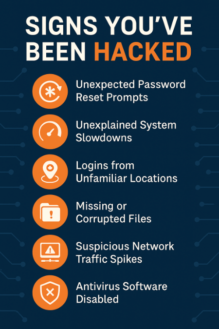 A 2D digital infographic titled 'Signs You’ve Been Hacked,' featuring six warning indicators for a potential security breach. The dark blue background with circuit-line accents creates a tech-focused theme, while orange circular icons with white symbols visually represent each sign: unexpected password reset prompts, unexplained system slowdowns, logins from unfamiliar locations, missing or corrupted files, suspicious network traffic spikes, and disabled antivirus software. The design is clean, bold, and easy to read for business owners and IT teams.